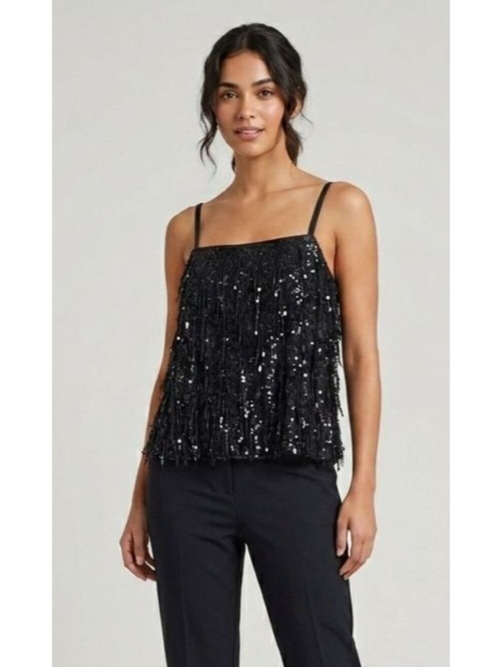 NWT Women's - LOFT Black Sequin Fringe Cami Top with Spaghetti Straps, Size XL